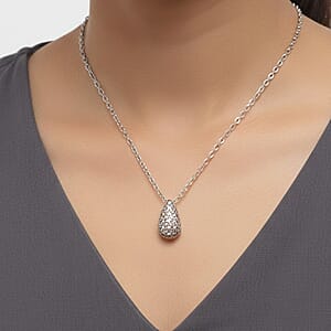 D'Joy Simulated Diamond Teardrop Necklace in Rhodium Over Sterling Silver (18 Inches)