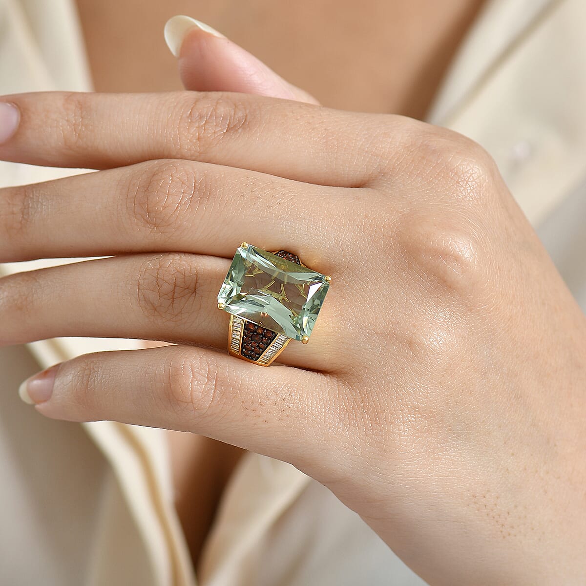 Doorbuster D'Joy Premium Montezuma Prasiolite and Multi Gemstone 18.60 ctw Crowned Aura Ring in 18K Vermeil Yellow Gold Over Sterling Silver (Size 7.0) image number 2