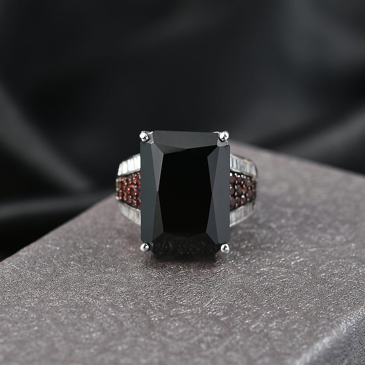 Doorbuster D'Joy Premium Thai Black Spinel and Multi Gemstone 20.25 ctw Crowned Aura Ring in Rhodium Over Sterling Silver (Size 10.0) image number 1