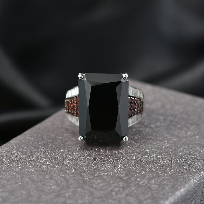 D'Joy Premium Thai Black Spinel and Multi Gemstone 20.25 ctw Crowned Aura Ring in Rhodium Over Sterling Silver (Size 6.0)
