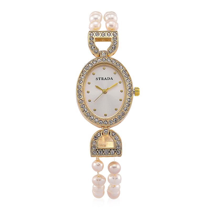 Strada Freshwater Pearl, Austrian Crystal Japanese Movement Watch in Goldtone
