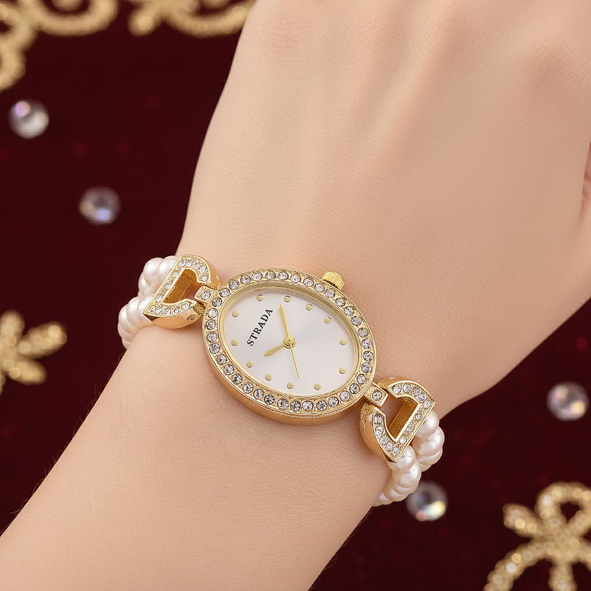 Strada Fresh Water Pearl, Austrian Crystal Japanese Movement Watch in Goldtone image number 2