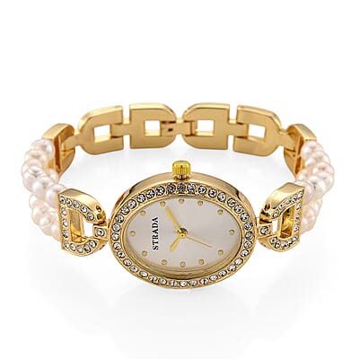 Strada Freshwater Pearl, Austrian Crystal Japanese Movement Watch in Goldtone
