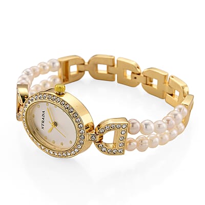 Strada Freshwater Pearl, Austrian Crystal Japanese Movement Watch in Goldtone
