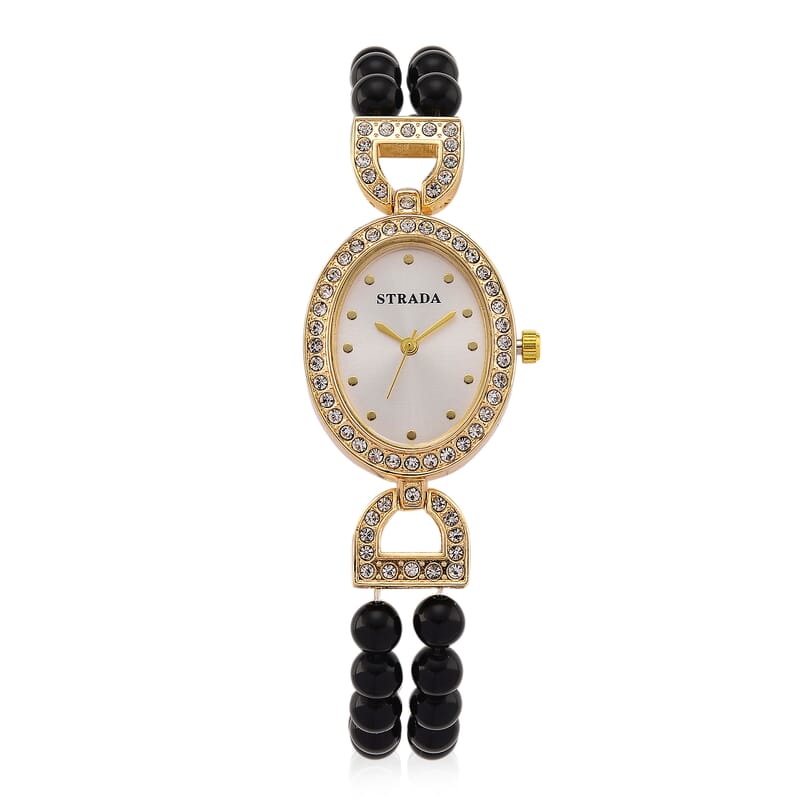 Strada Black Obsidian, Austrian Crystal Japanese Movement Watch in Goldtone 20.00 ctw