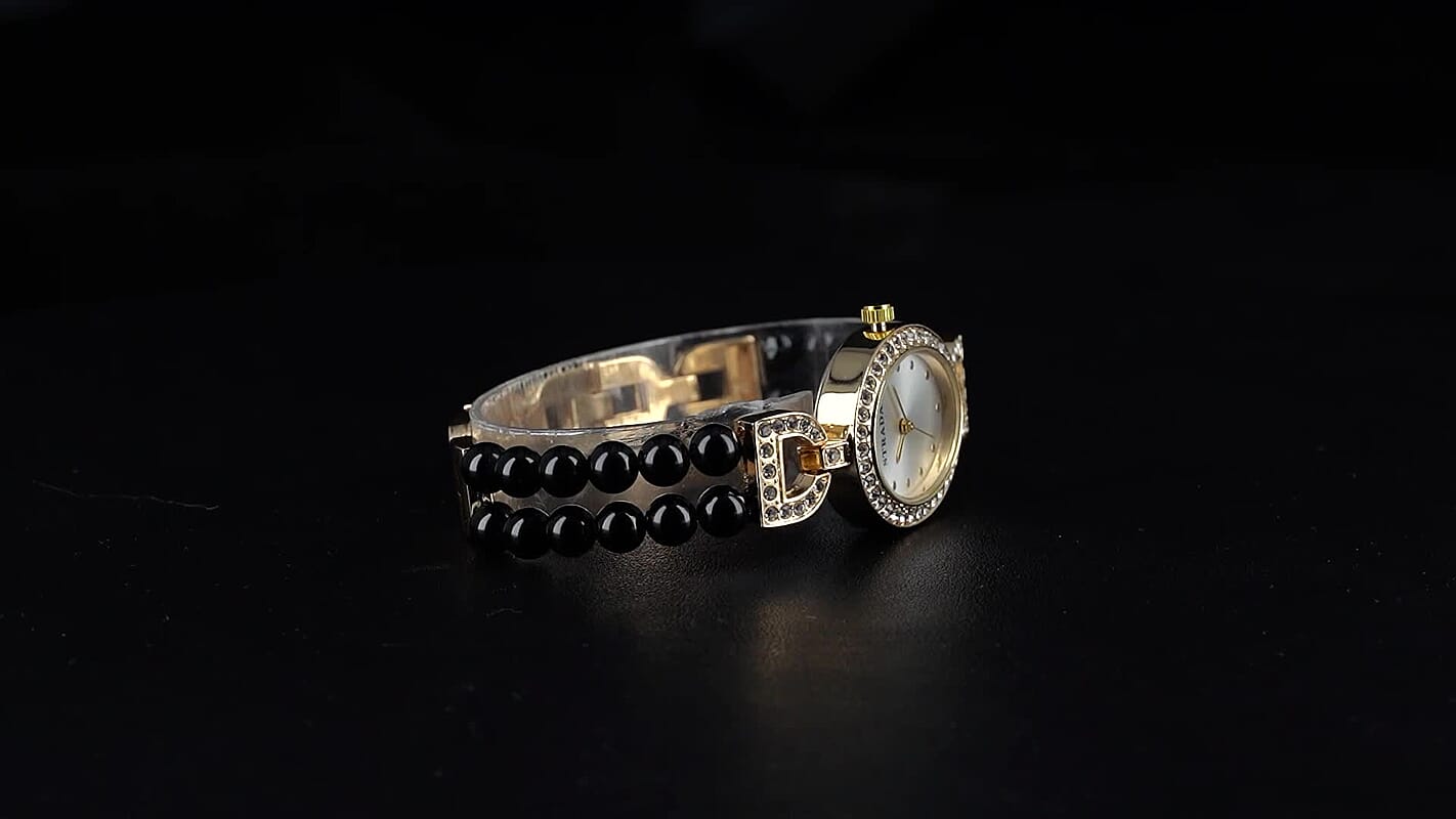 Strada Fresh Water Pearl, Austrian Crystal Japanese Movement Watch in Goldtone