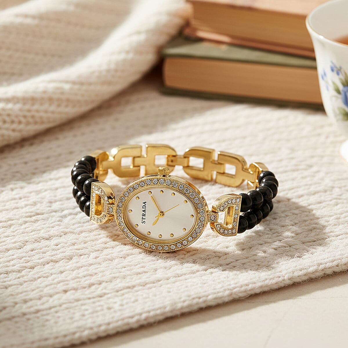 Strada Black Obsidian, Austrian Crystal Japanese Movement Watch in Goldtone 20.00 ctw image number 1