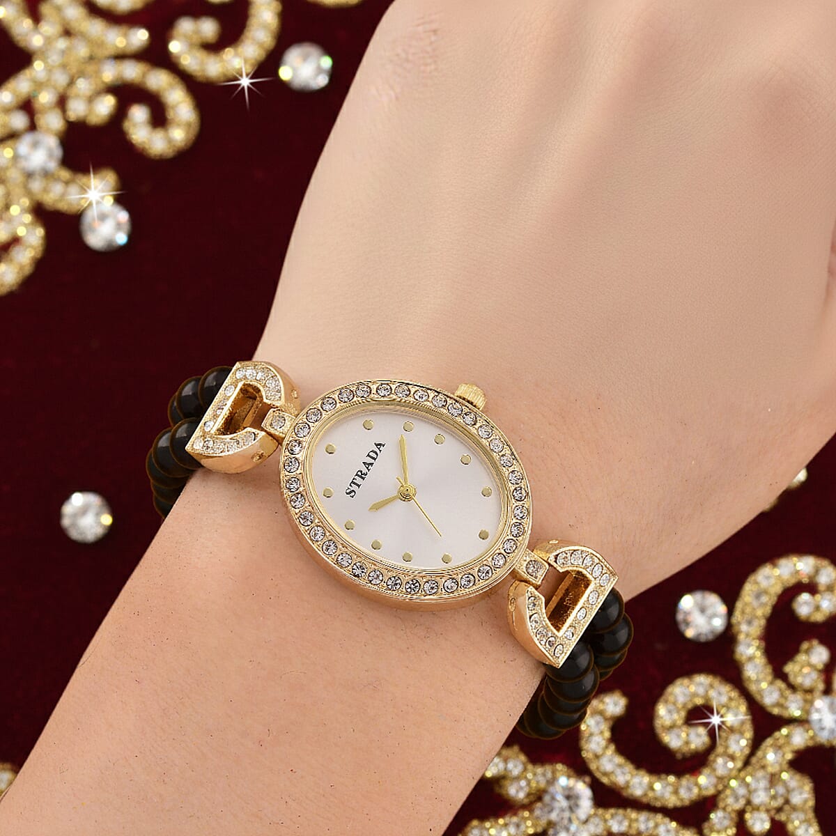 Strada Black Obsidian, Austrian Crystal Japanese Movement Watch in Goldtone 20.00 ctw image number 2