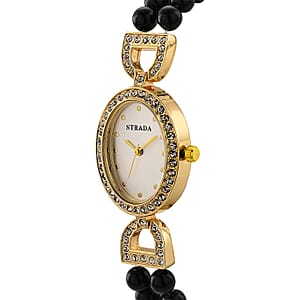 Strada Black Obsidian, Austrian Crystal Japanese Movement Watch in Goldtone 20.00 ctw