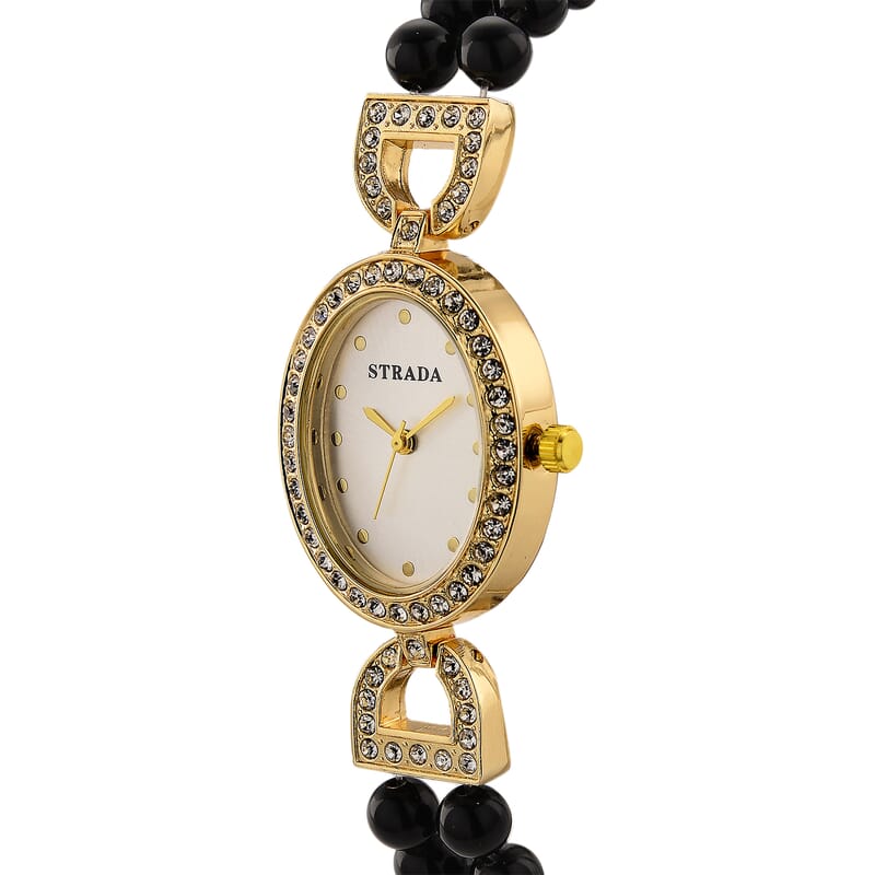 Strada Black Obsidian, Austrian Crystal Japanese Movement Watch in Goldtone 20.00 ctw