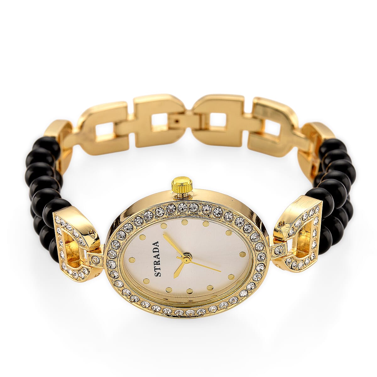 Strada Black Obsidian, Austrian Crystal Japanese Movement Watch in Goldtone 20.00 ctw image number 4