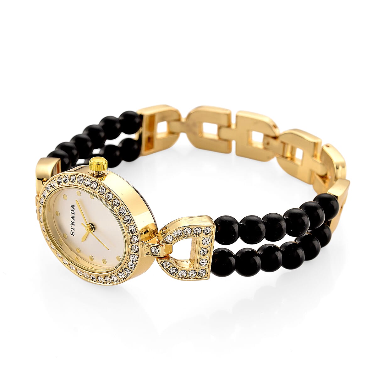 Strada Black Obsidian, Austrian Crystal Japanese Movement Watch in Goldtone 20.00 ctw image number 5