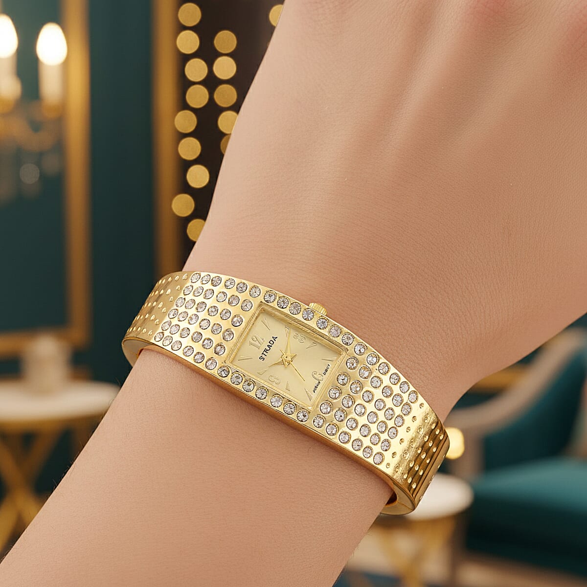 Strada Austrian Crystal Japanese Movement Bangle Watch (6.5In) in Goldtone image number 2