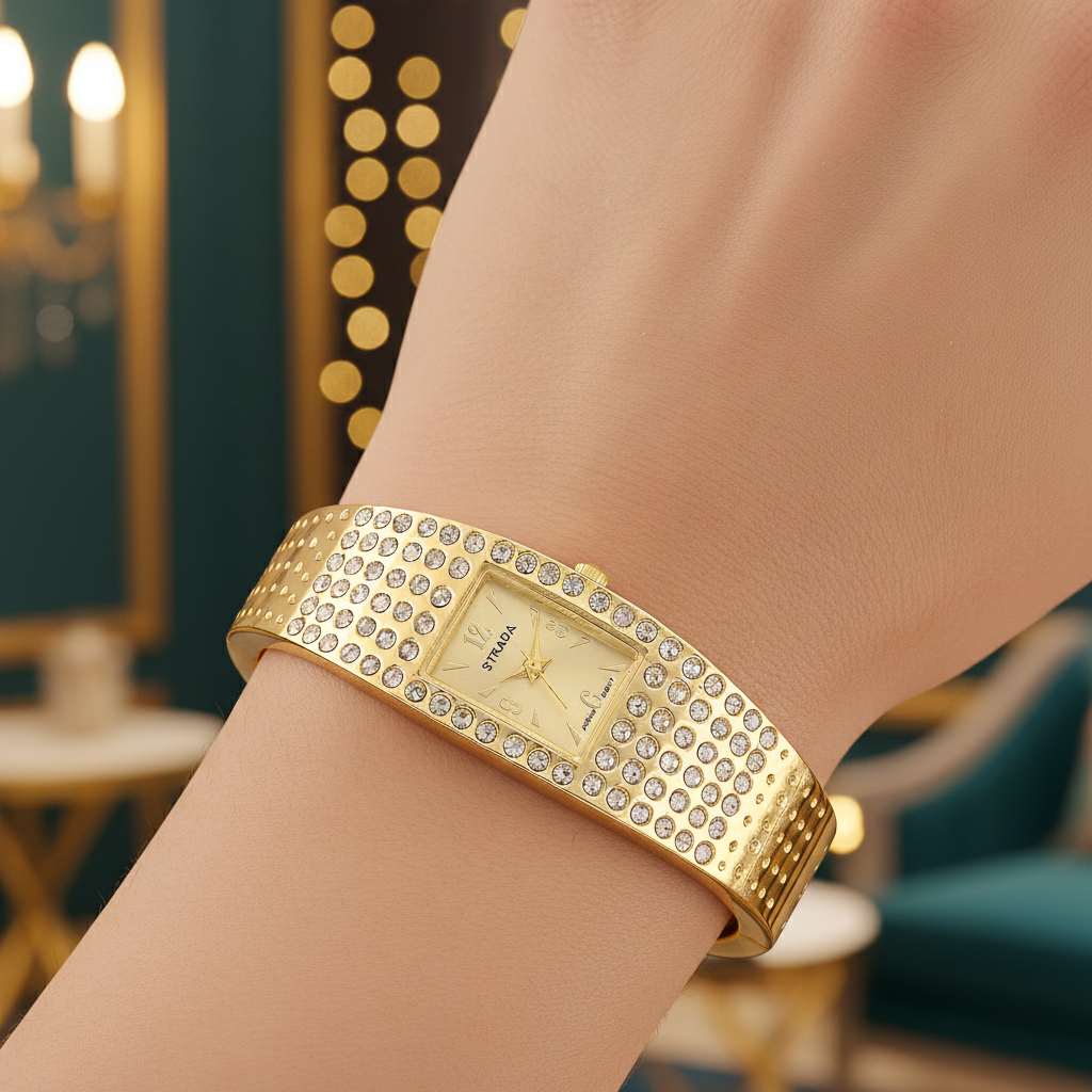 Strada Austrian Crystal Japanese Movement Bangle Watch (6.5In) in Goldtone