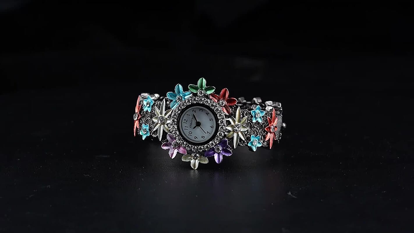 Strada Austrian Crystal Japanese Movement Oil Flower Design Bangle Watch in Blacktone