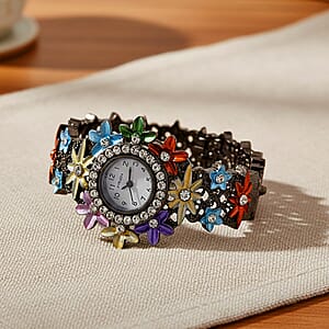 Strada Austrian Crystal Japanese Movement Oil Flower Design Bangle Watch in Blacktone