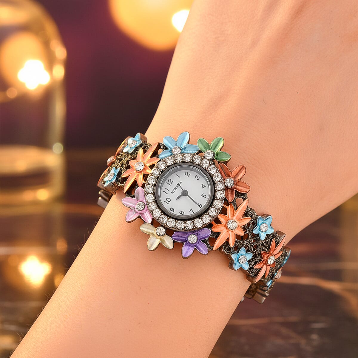 Strada Austrian Crystal Japanese Movement Oil Flower Design Bangle Watch in Blacktone image number 2