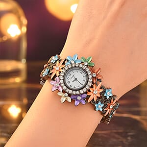 Strada Austrian Crystal Japanese Movement Oil Flower Design Bangle Watch in Blacktone