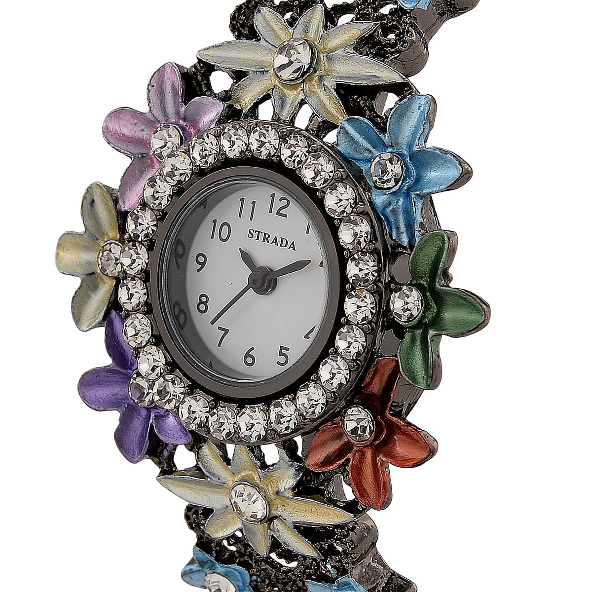 Strada Austrian Crystal Japanese Movement Oil Flower Design Bangle Watch in Blacktone image number 3