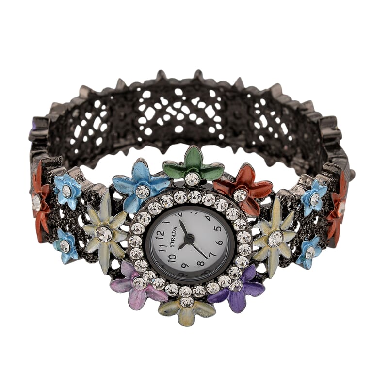 Strada Austrian Crystal Japanese Movement Oil Flower Design Bangle Watch in Blacktone
