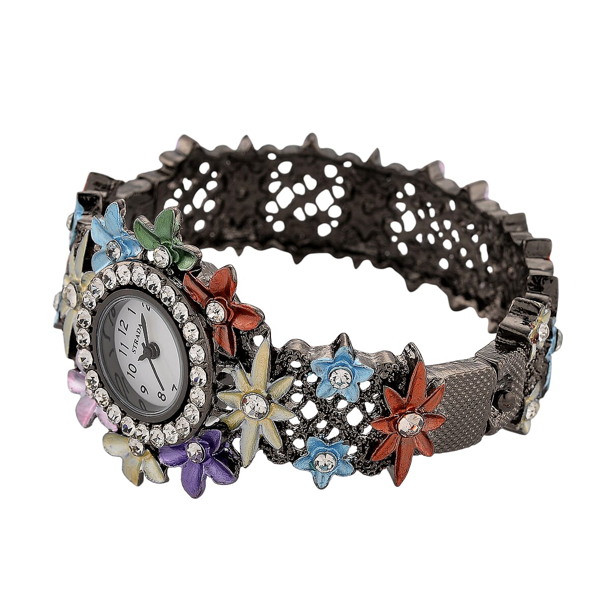 Strada Austrian Crystal Japanese Movement Oil Flower Design Bangle Watch in Blacktone image number 5