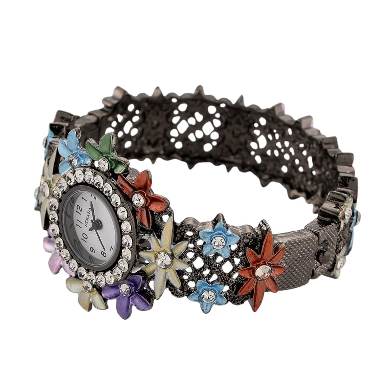 Strada Austrian Crystal Japanese Movement Oil Flower Design Bangle Watch in Blacktone