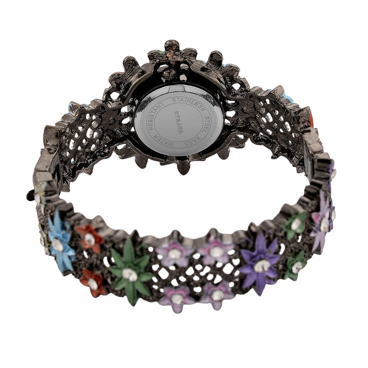 Strada Austrian Crystal Japanese Movement Oil Flower Design Bangle Watch in Blacktone image number 6