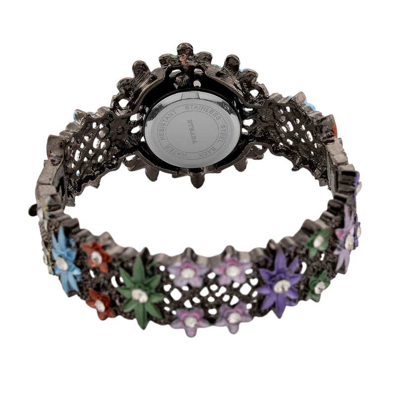 Strada Austrian Crystal Japanese Movement Oil Flower Design Bangle Watch in Blacktone