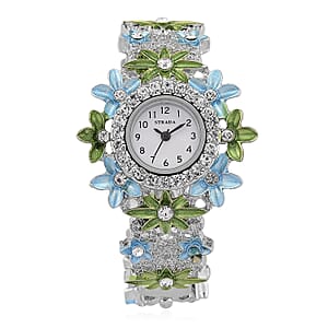 Strada Austrian Crystal Japanese Movement Oil Flower Design Bangle Watch in Silvertone
