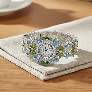 Strada Austrian Crystal Japanese Movement Oil Flower Design Bangle Watch in Silvertone
