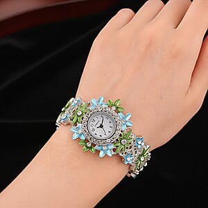 Strada Austrian Crystal Japanese Movement Oil Flower Design Bangle Watch in Silvertone