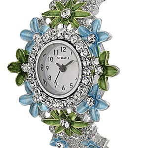 Strada Austrian Crystal Japanese Movement Oil Flower Design Bangle Watch in Silvertone