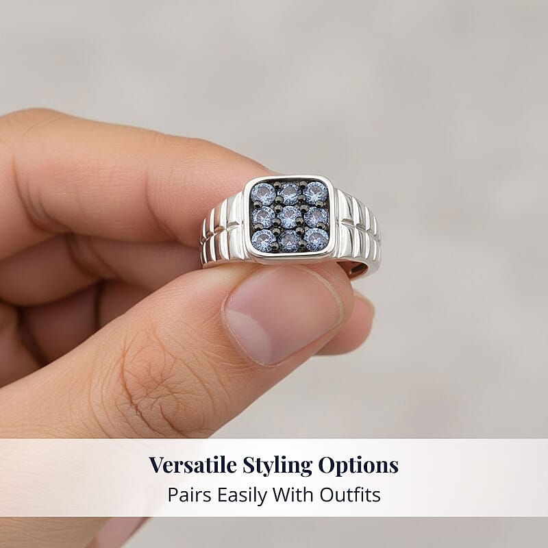 D'Joy Ceylon Blue Sapphire Men's Ring in Rhodium Over Sterling Silver 1.15 ctw (Size 11.0)