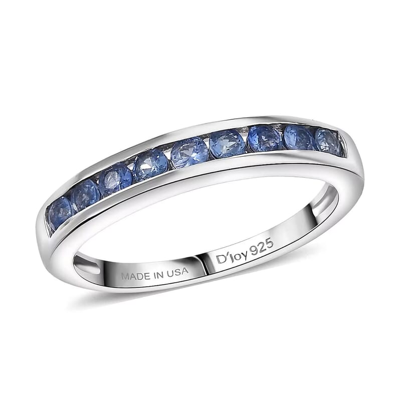D'Joy Ceylon Blue Sapphire Half Eternity Band Ring in Rhodium Over Sterling Silver 0.70 ctw (Size 10.0)