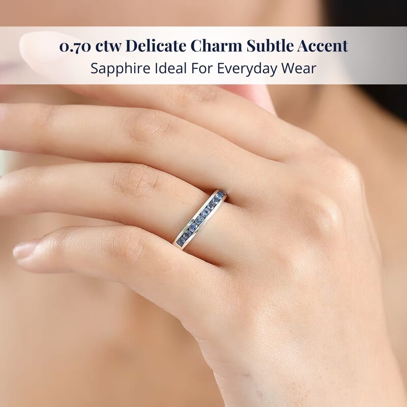 D'Joy Ceylon Blue Sapphire Half Eternity Band Ring in Rhodium Over Sterling Silver 0.70 ctw (Size 10.0)