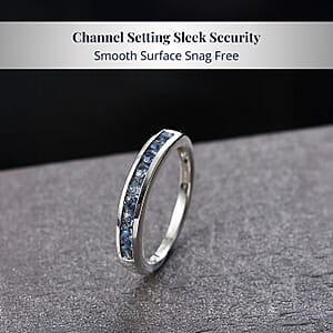 D'Joy Ceylon Blue Sapphire Half Eternity Band Ring in Rhodium Over Sterling Silver 0.70 ctw (Size 10.0)