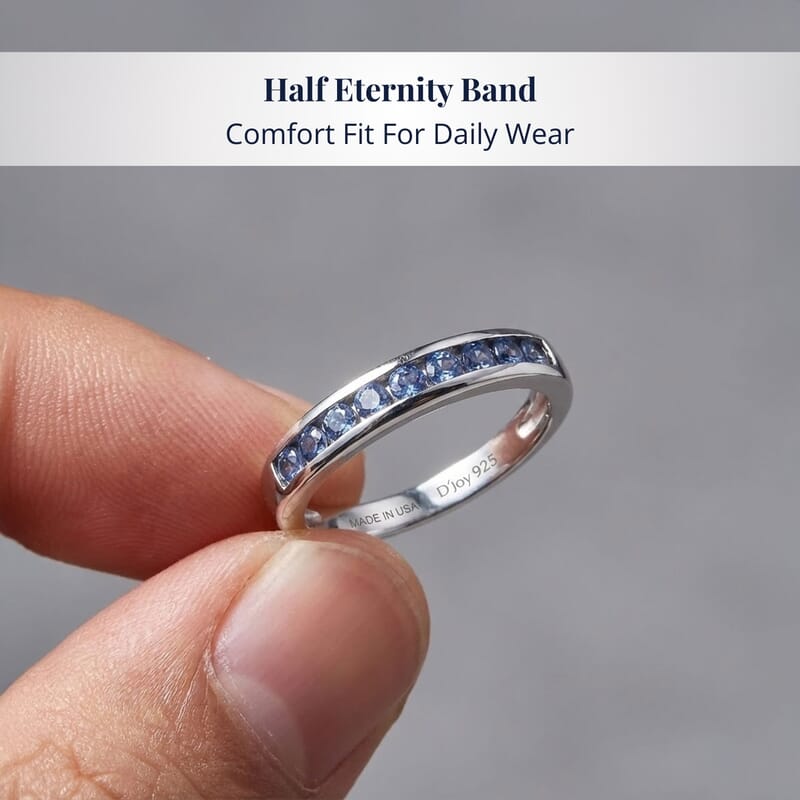 D'Joy Ceylon Blue Sapphire Half Eternity Band Ring in Rhodium Over Sterling Silver 0.70 ctw (Size 10.0)