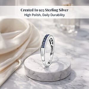D'Joy Ceylon Blue Sapphire Half Eternity Band Ring in Rhodium Over Sterling Silver 0.70 ctw (Size 6.0)