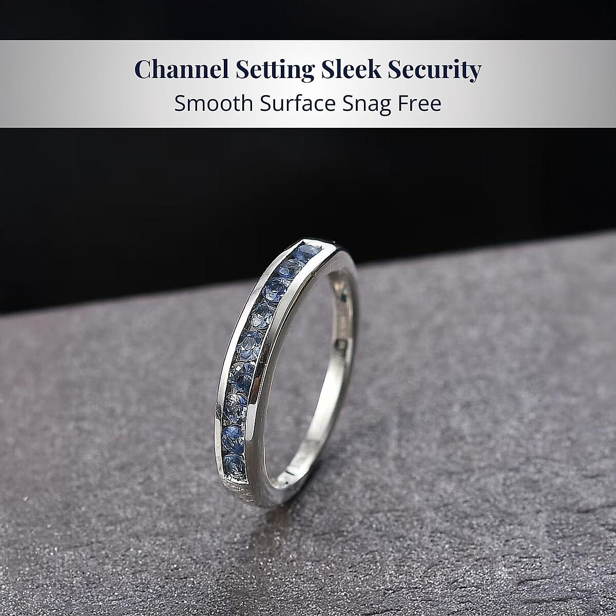D'Joy Ceylon Blue Sapphire Half Eternity Band Ring in Rhodium Over Sterling Silver 0.70 ctw (Size 7.0) image number 3