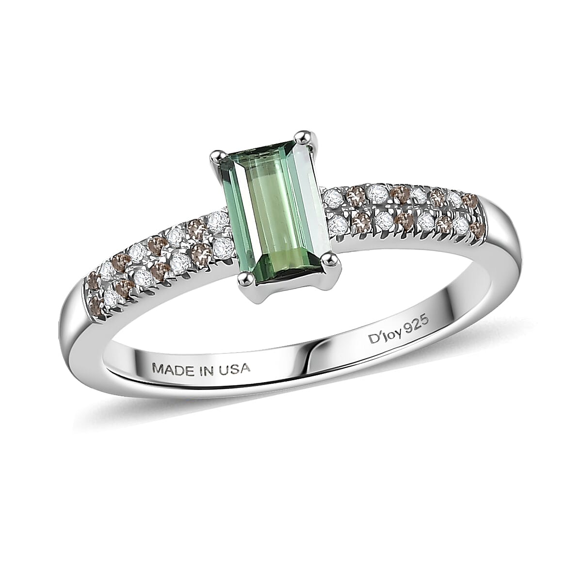 D'Joy Premium Mint Tourmaline, Natural Champagne and White Diamond Ring in Rhodium Over Sterling Silver (Size 7.0) 0.70 ctw