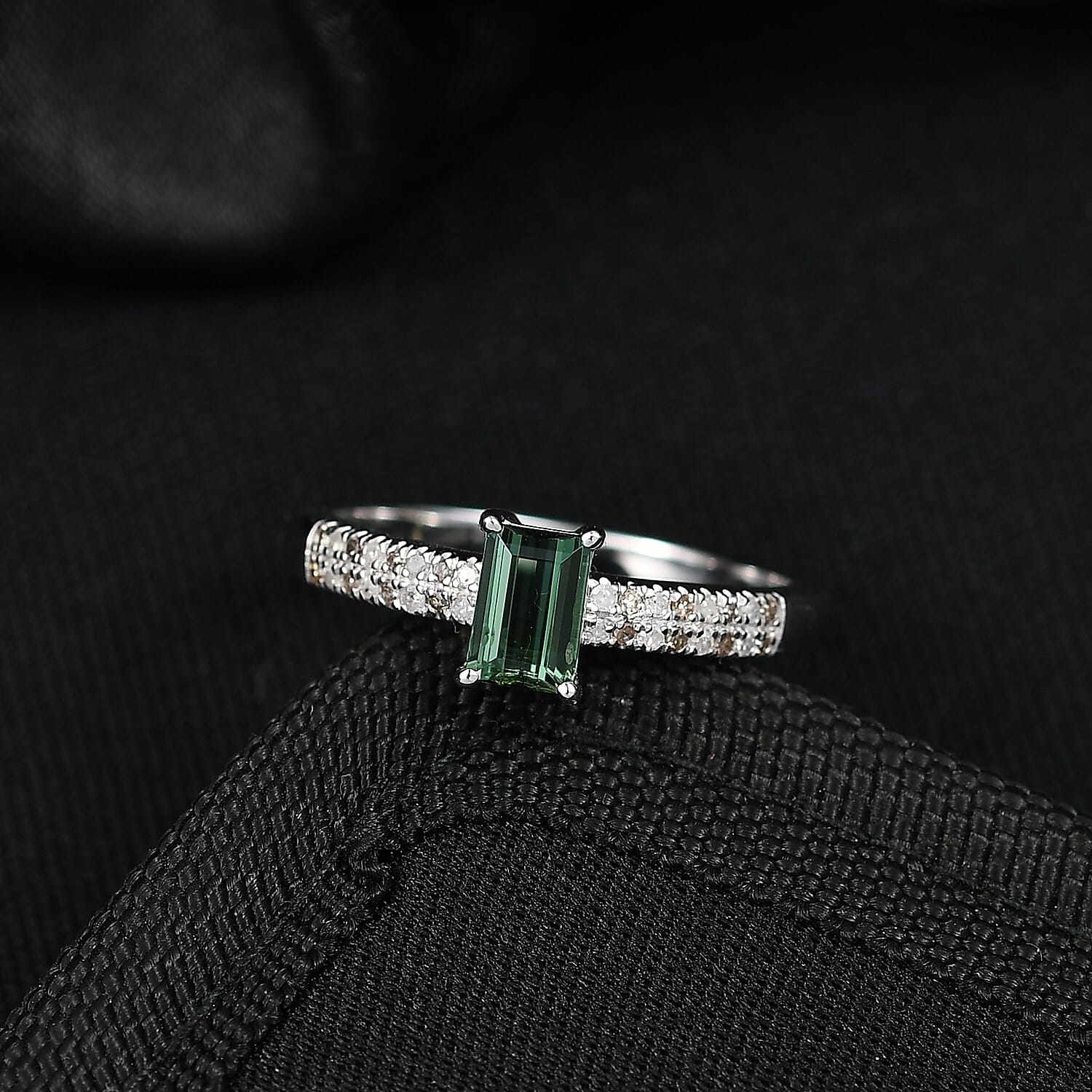 D'Joy Arquiana Mint Tourmaline, Natural Champagne and White Diamond Ring in Rhodium Over Sterling Silver 0.70 ctw (Size 8.0)