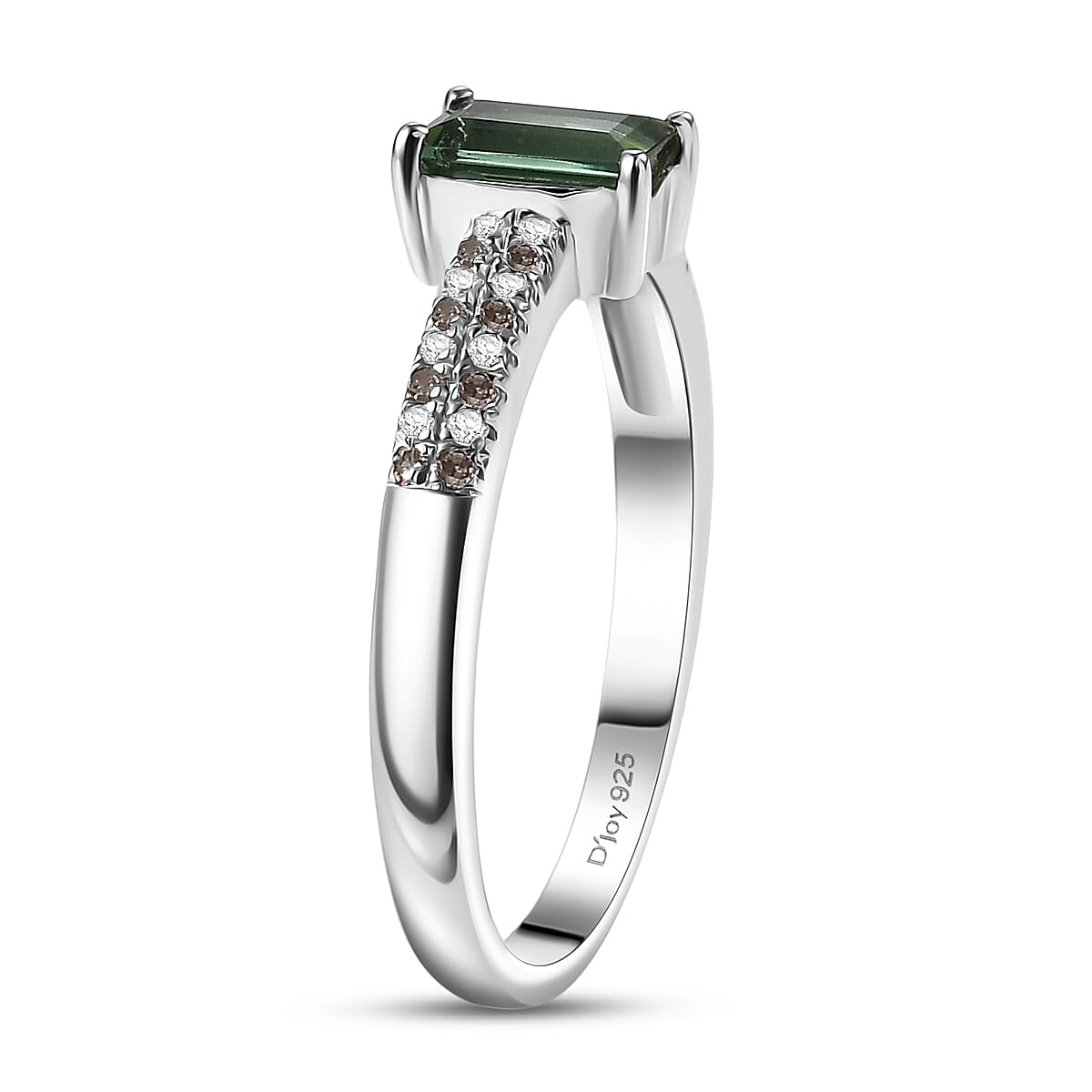 D'Joy Arquiana Mint Tourmaline, Natural Champagne and White Diamond Ring in Rhodium Over Sterling Silver 0.70 ctw (Size 8.0)