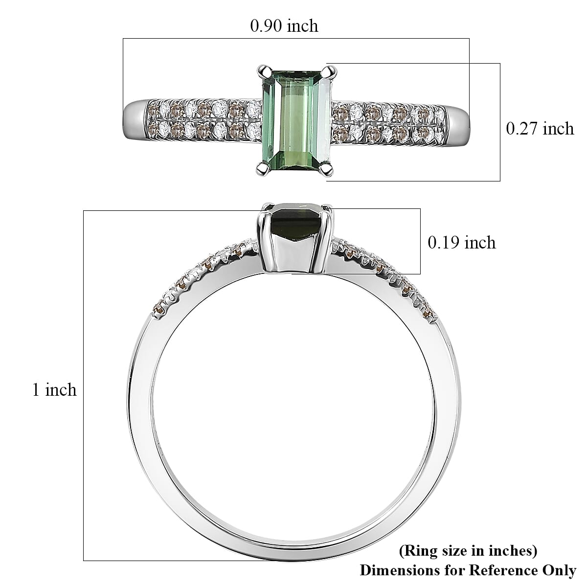 D'Joy Arquiana Mint Tourmaline, Natural Champagne and White Diamond Ring in Rhodium Over Sterling Silver 0.70 ctw (Size 8.0)