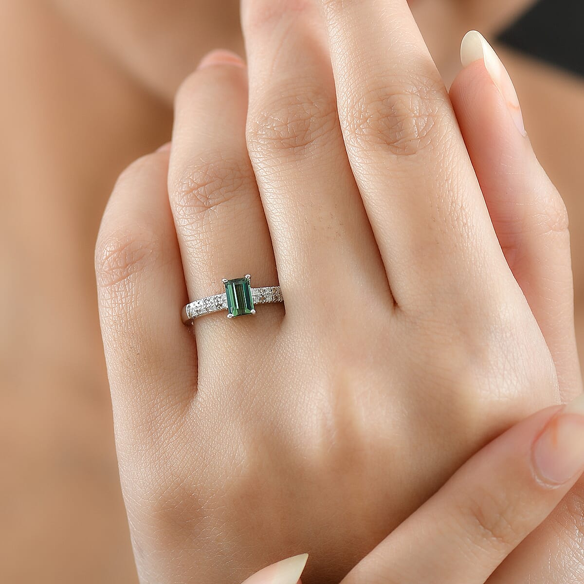 D'Joy Premium Mint Tourmaline, Natural Champagne and White Diamond Ring in Rhodium Over Sterling Silver (Size 7.0) 0.70 ctw image number 2