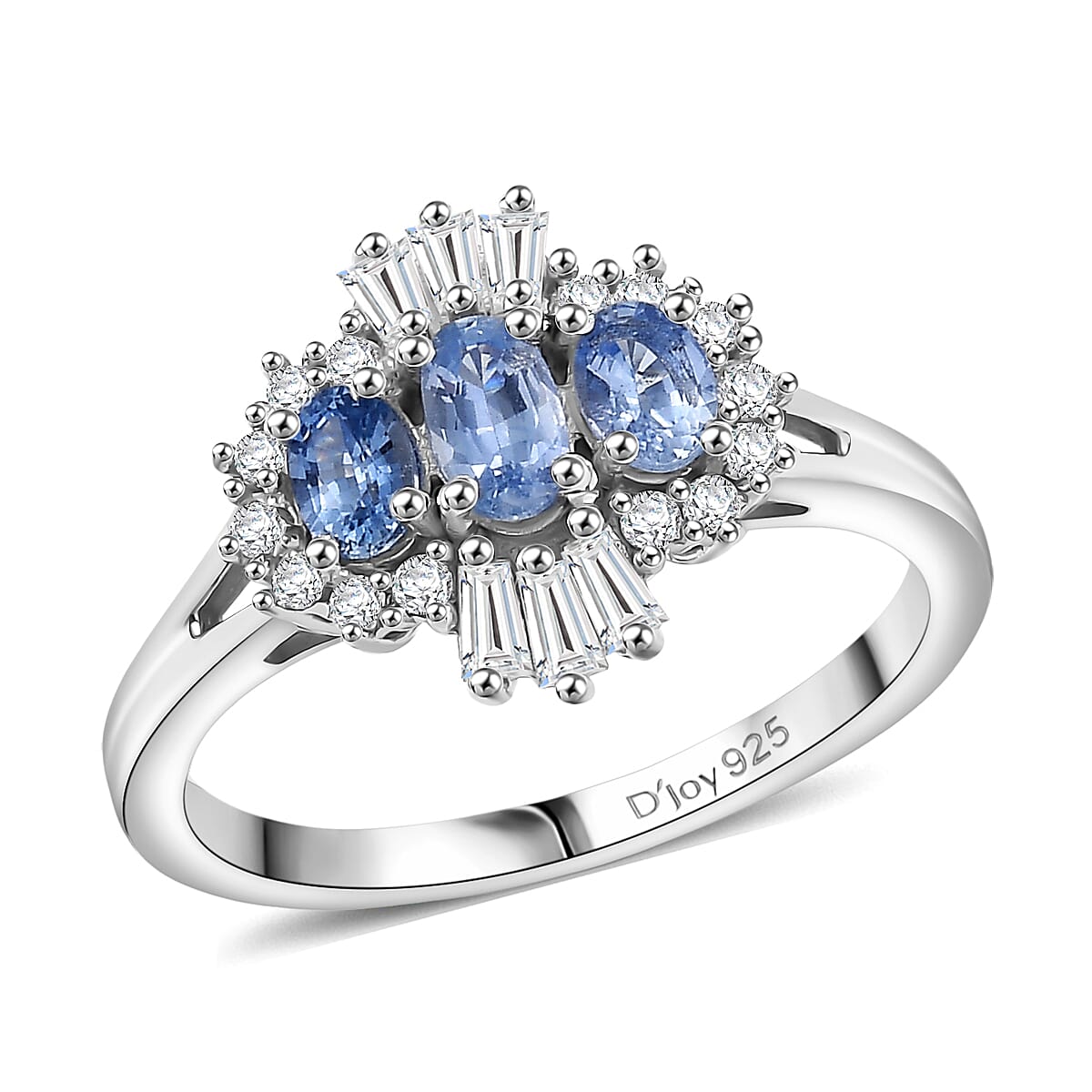 D'Joy Premium Ceylon Blue Sapphire and Moissanite 1.10 ctw Regal Burst Ring in Rhodium Over Sterling Silver (Size 10.0) image number 0