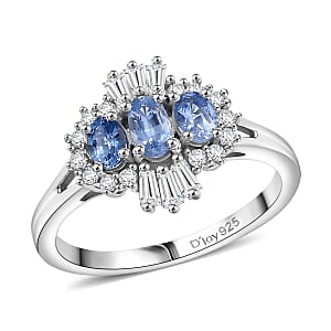 D'Joy Premium Ceylon Blue Sapphire and Moissanite 1.10 ctw Regal Burst Ring in Rhodium Over Sterling Silver (Size 10.0)