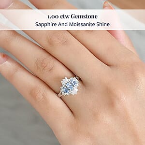 D'Joy Ceylon Blue Sapphire, Moissanite Ring in Rhodium Over Sterling Silver 1.00 ctw (Size 10.0)