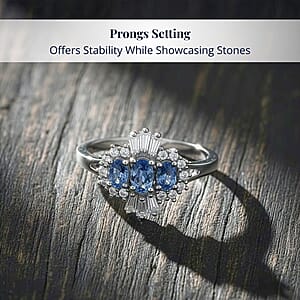 D'Joy Ceylon Blue Sapphire, Moissanite Ring in Rhodium Over Sterling Silver 1.00 ctw (Size 10.0)