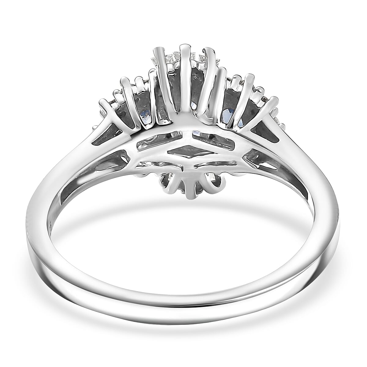 D'Joy Premium Ceylon Blue Sapphire and Moissanite 1.10 ctw Regal Burst Ring in Rhodium Over Sterling Silver (Size 10.0) image number 4