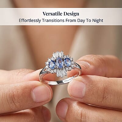 D'Joy Ceylon Blue Sapphire, Moissanite Ring in Rhodium Over Sterling Silver 1.00 ctw (Size 10.0)